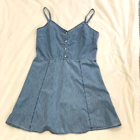 Gap light wash denim elastic smocked back babydoll tank mini dress women’s L - Picture 9 of 12